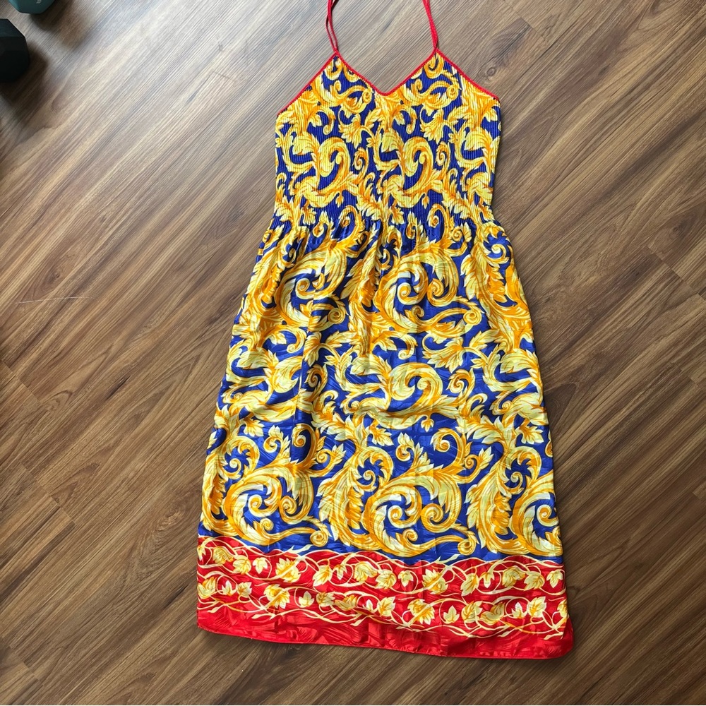 Mary McFadden Brocade Blue, Red, Yellow Spaghetti Strap Nightgown